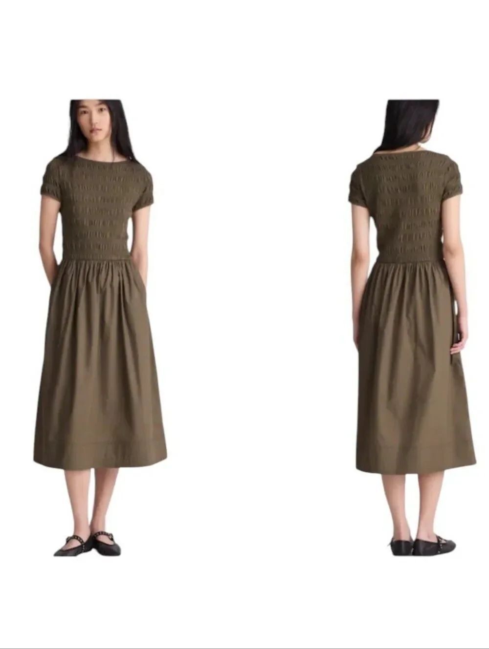 NWT Madewell Smocked Boatneck Midi Dress Faded Ivy Olive Green Size S